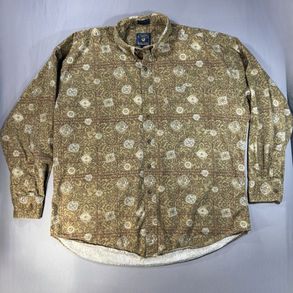 Chaps Ralph Lauren Shirt Mens XL Tan Brown Floral Medallion Cotton Vintage